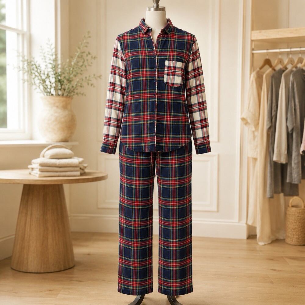 GAP BODY Flannel Plaid Pajama PJ Set Women Sz L Long Sleeve Top Pants Cozy Soft